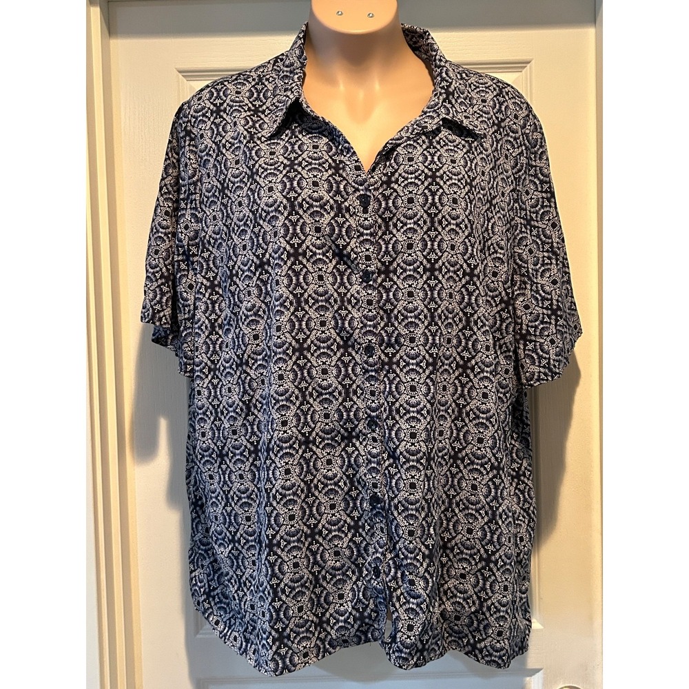 CATHERINE Size 3X Blue/White Print 3/4 Sleeves Tunic Blouse, Very Good Condition